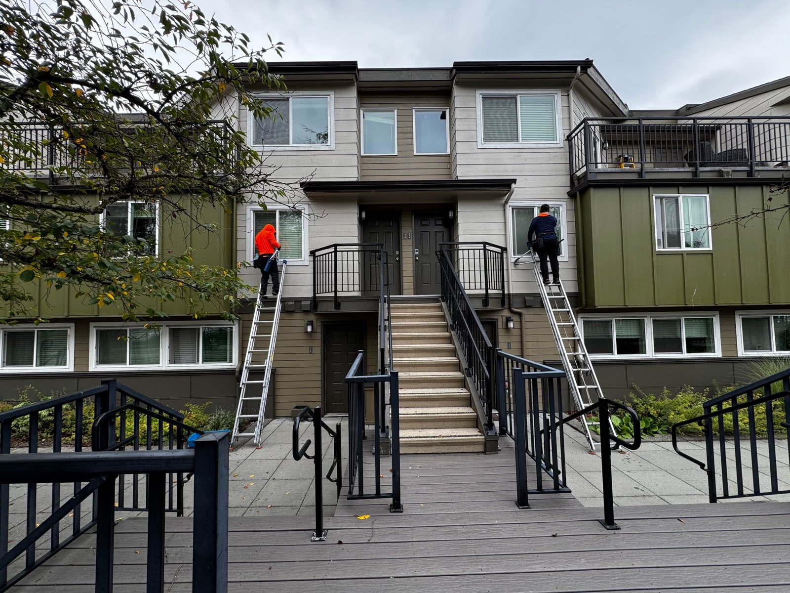 Staff cleaning windows from apartment complex